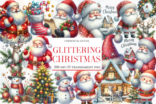 Glittering Christmas Watercolor Clipart PNG Bundle | Santa Claus Christmas PNG | Glitter Holiday Sublimation