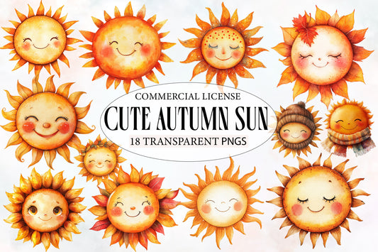 Cute Autumn Sun Watercolor Clipart PNG Bundle | Fall Sun Clipart, Sunflower PNG,