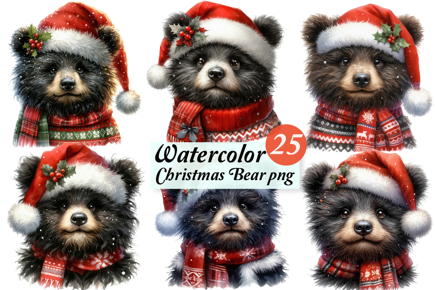 Christmas Bear PNG Clipart Bundle | Watercolor Cute Bear with Santa Hat & Christmas Scarf, Holiday Bear Designs