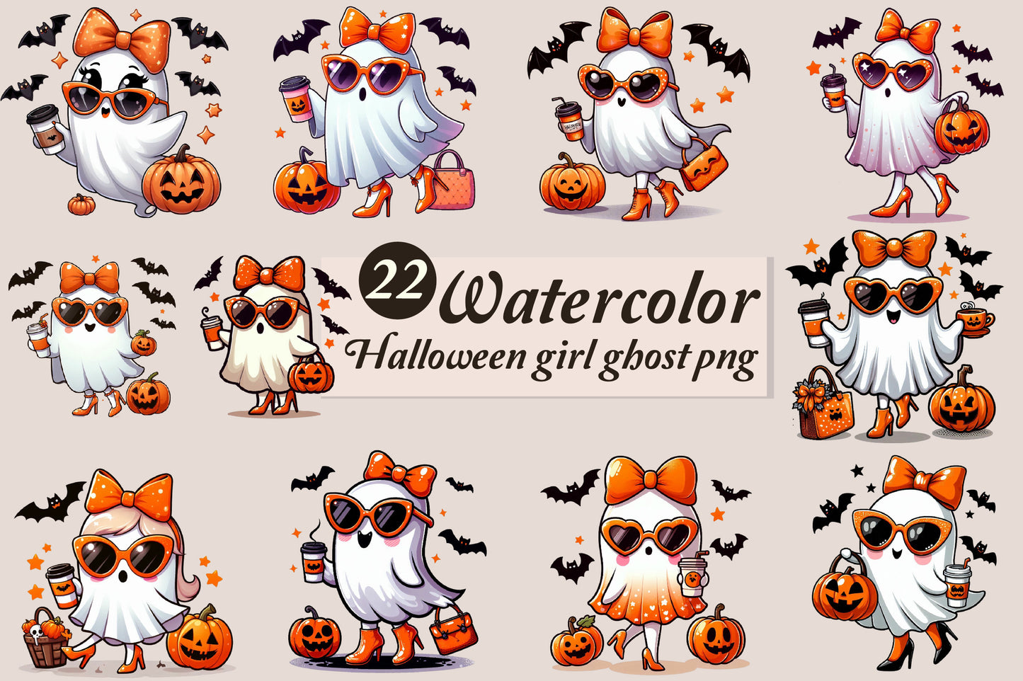 22 Watercolor Halloween Girl Ghost PNG Bundle Cute Spooky Ghost Clipart