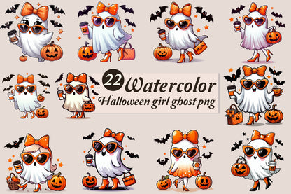 22 Watercolor Halloween Girl Ghost PNG Bundle Cute Spooky Ghost Clipart