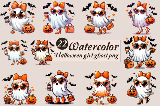 22 Watercolor Halloween Girl Ghost PNG Bundle Cute Spooky Ghost Clipart