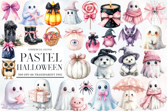 Pastel Halloween Clipart PNG Bundle | Cute Ghosts, Bats, Owl & Halloween Animals