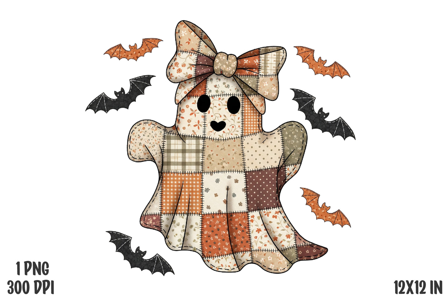 Patchwork Halloween Ghost Bat PNG Cute Autumn Witch