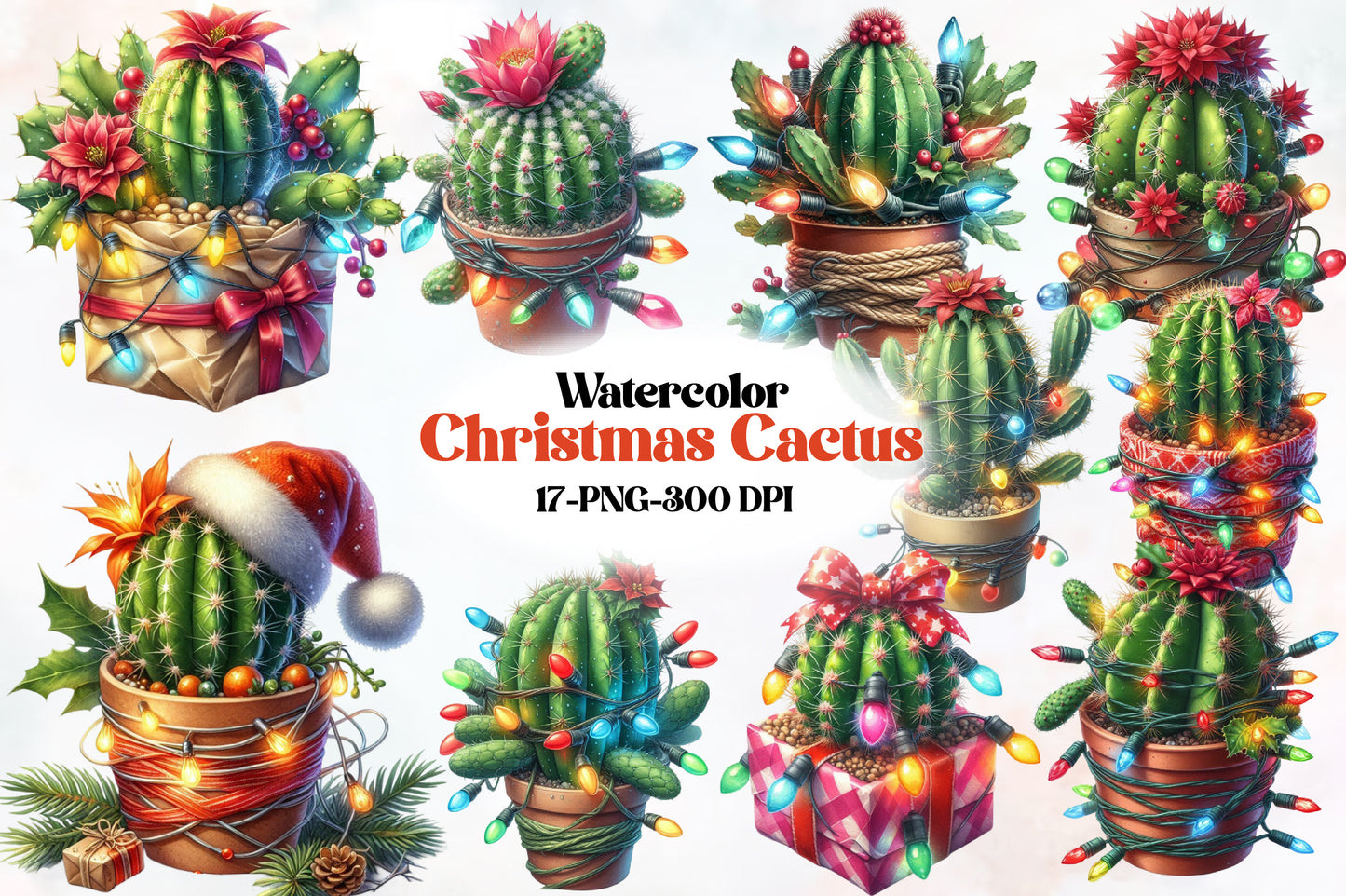 Watercolor Christmas Cactus PNG Bundle 17 Festive Cactus Clipart