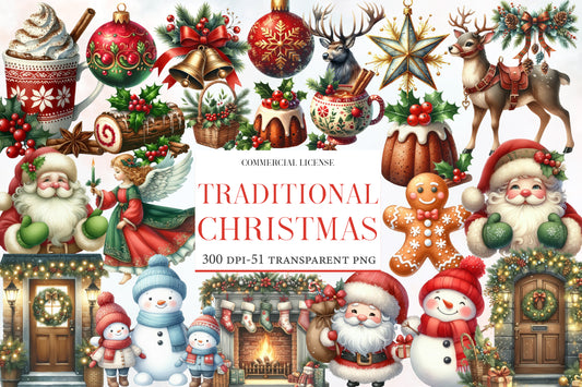 Traditional Christmas Watercolor Clipart PNG Bundle | Vintage Christmas PNG | Holiday Sublimation