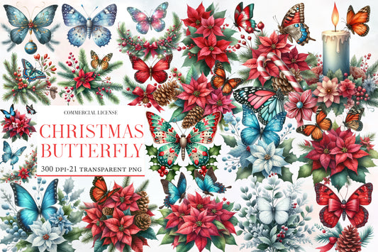 Christmas Butterfly Clipart PNG Bundle | Watercolor Festive Butterfly Clipart | Holiday Butterfly Sublimation PNG