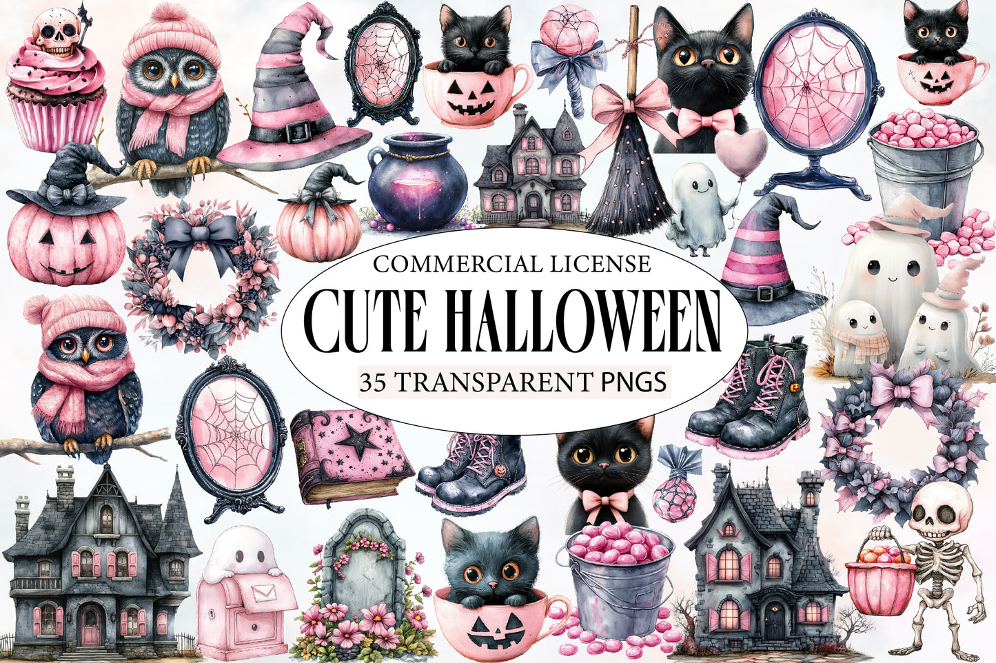 Cute Halloween Clipart PNG Bundle | Pink Halloween PNG, Cute Ghost Cat Owl Clipart