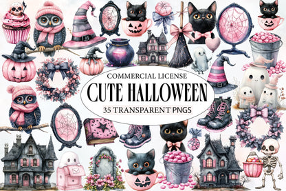 Cute Halloween Clipart PNG Bundle | Pink Halloween PNG, Cute Ghost Cat Owl Clipart