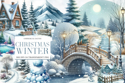 Christmas Winter Clipart PNG Bundle | Watercolor Winter Christmas Clipart | Cozy Snowy Holiday Sublimation PNG