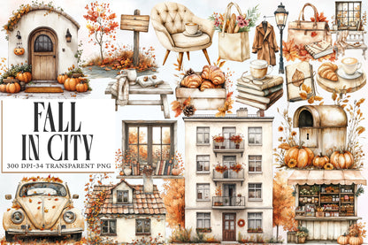 Fall In City Watercolor Clipart PNG Bundle | Cozy Autumn City Clipart | Fall Sublimation