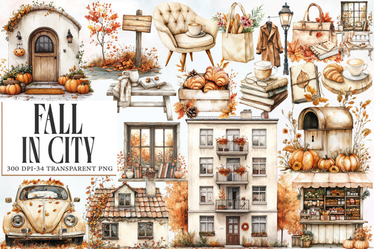 Fall In City Watercolor Clipart PNG Bundle | Cozy Autumn City Clipart | Fall Sublimation