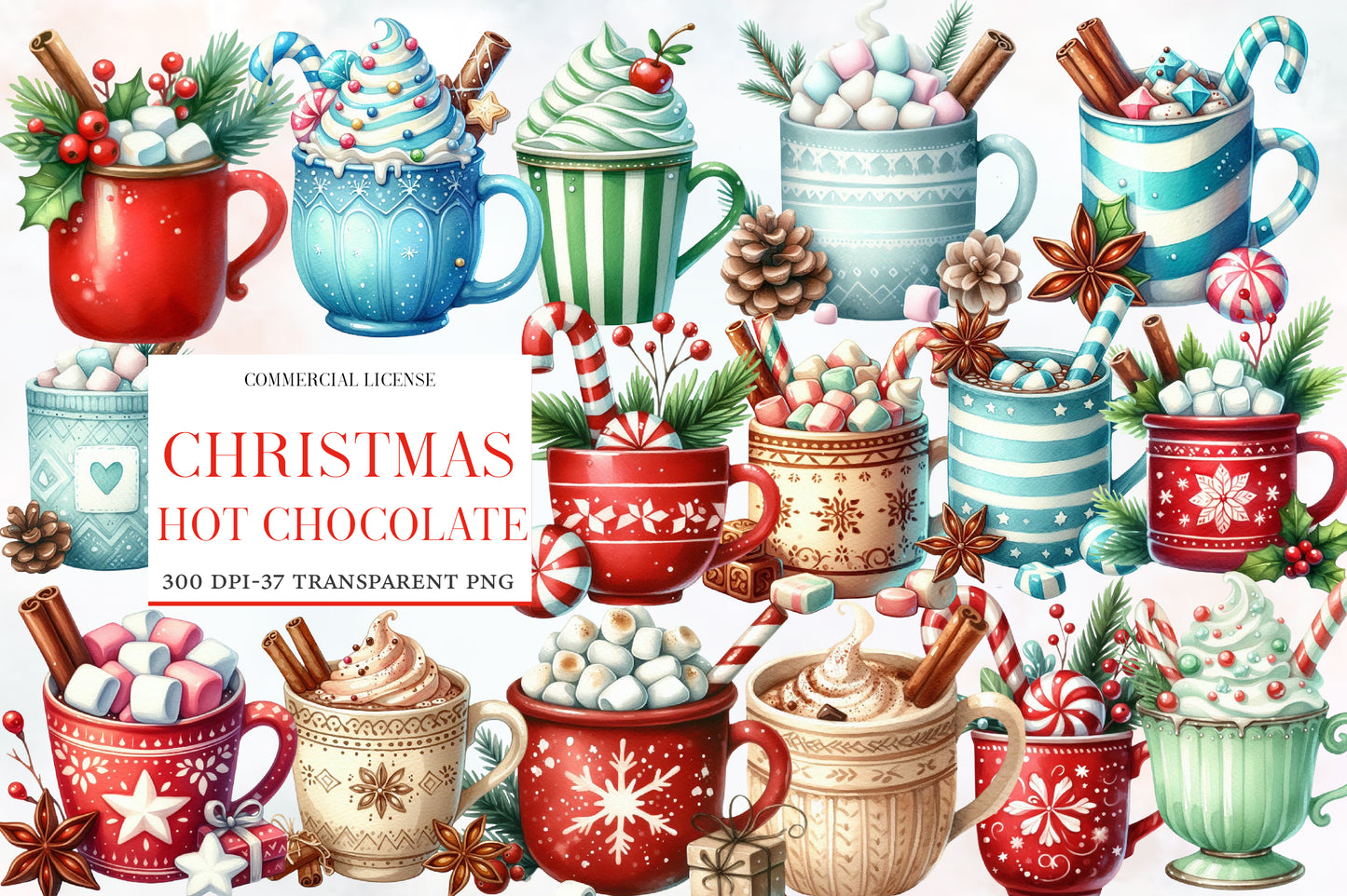 Christmas Hot Chocolate Watercolor Clipart PNG Bundle | Cozy Holiday Cocoa Clipart | Christmas Mug Sublimation PNG