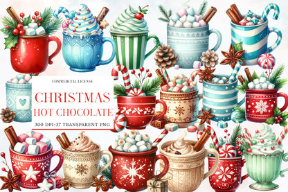Christmas Hot Chocolate Watercolor Clipart PNG Bundle | Cozy Holiday Cocoa Clipart | Christmas Mug Sublimation PNG
