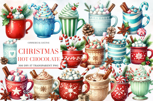 Christmas Hot Chocolate Watercolor Clipart PNG Bundle | Cozy Holiday Cocoa Clipart | Christmas Mug Sublimation PNG