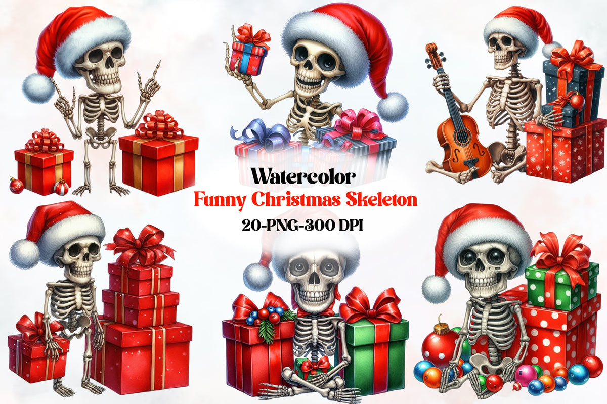 Funny Christmas Skeleton PNG Bundle Watercolor Santa Skeleton Clipart