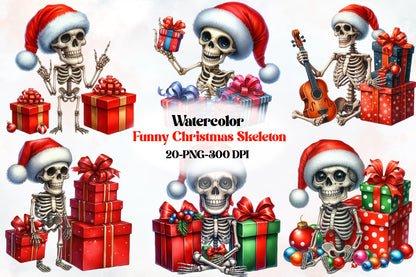 Funny Christmas Skeleton PNG Bundle Watercolor Santa Skeleton Clipart