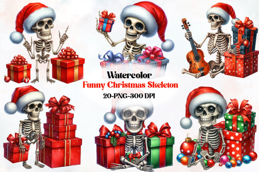Funny Christmas Skeleton PNG Bundle Watercolor Santa Skeleton Clipart