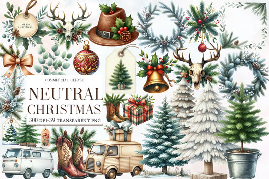 Neutral Christmas Clipart PNG Bundle | Rustic Christmas Watercolor Clipart | Woodland Holiday Sublimation PNG