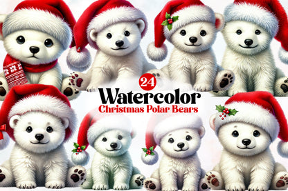Watercolor Christmas Polar Bear Clipart PNG Bundle | Cute Santa Polar Bear