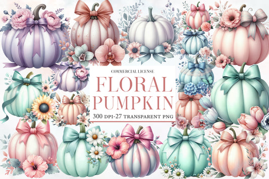 Floral Pumpkin Clipart PNG Bundle | Pastel Pumpkin PNG, Flower Pumpkin Clipart