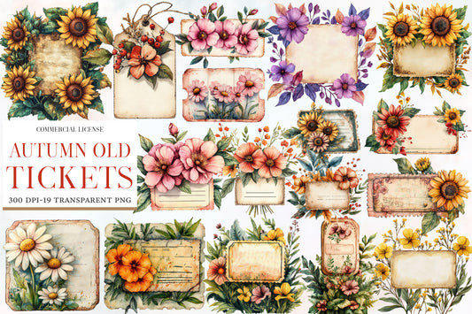 Autumn Old Tickets Clipart PNG Bundle | Vintage Watercolor Fall Ephemera Clipart | Antique Autumn Ticket PNG