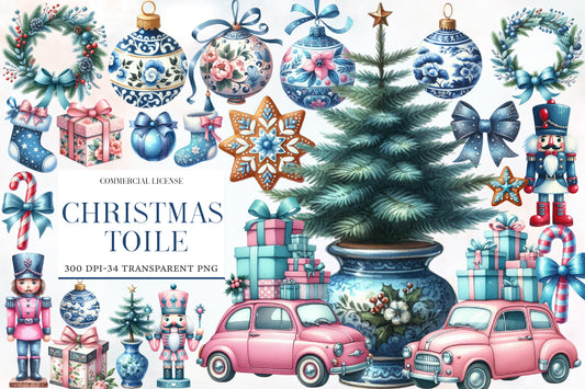 Christmas Toile Clipart Bundle PNG | Vintage Christmas Toile Watercolor Clipart | French Country Holiday Sublimation PNG