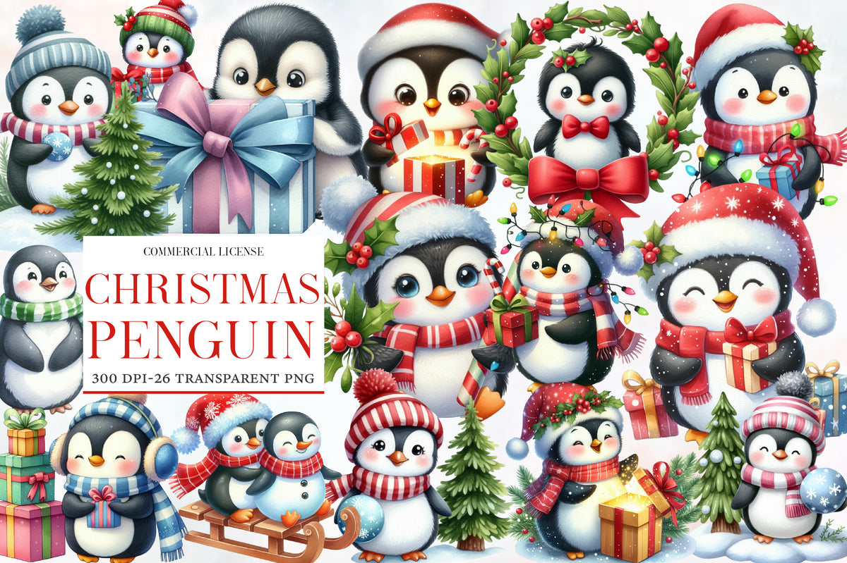 Christmas Penguin Clipart PNG Bundle | Watercolor Cute Christmas Penguin Clipart | Winter Holiday Sublimation PNG