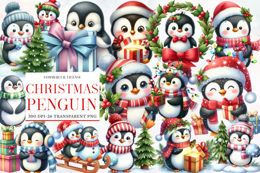 Christmas Penguin Clipart PNG Bundle | Watercolor Cute Christmas Penguin Clipart | Winter Holiday Sublimation PNG