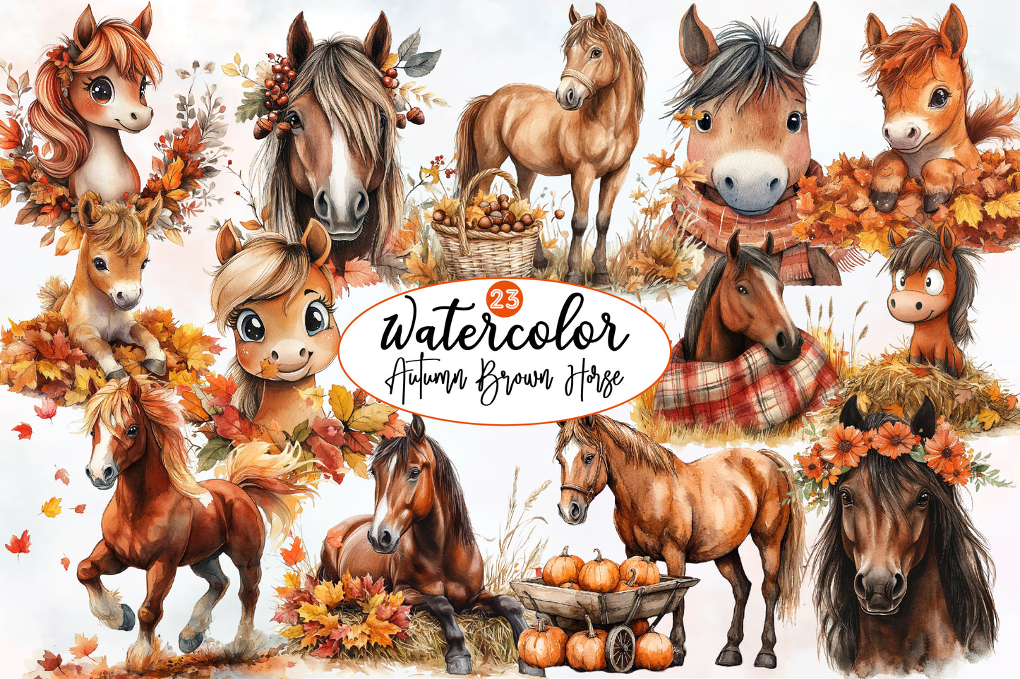 Autumn Brown Horse Clipart PNG Bundle | Watercolor Fall Horse Clipart | Rustic Woodland Horse PNG
