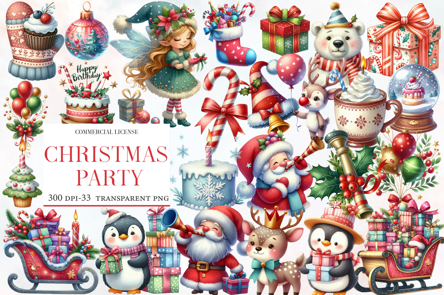Christmas Party Clipart PNG Bundle | Watercolor Festive Christmas Party Clipart | Holiday Celebration Sublimation PNG