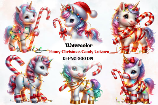 Funny Christmas Candy Unicorn PNG Bundle Watercolor Holiday Unicorn Clipart