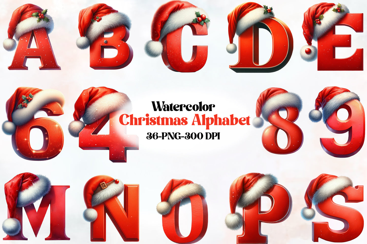 36 Christmas Alphabet PNG Clipart Bundle Watercolor Santa Hat Red Letter Holiday