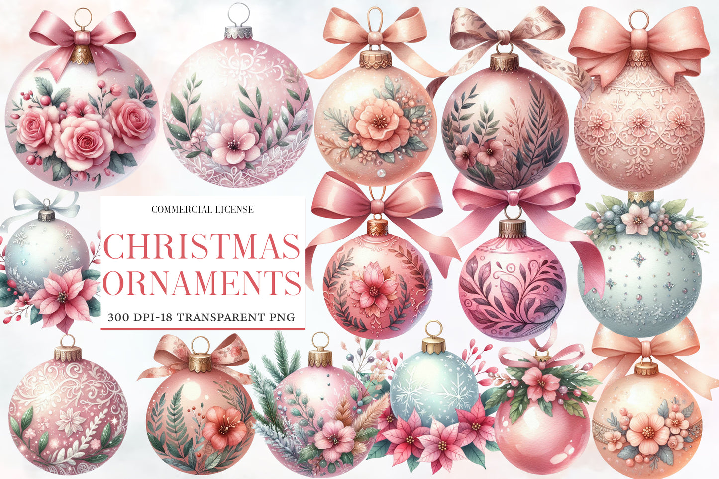 Christmas Ornaments Clipart PNG Bundle | Watercolor Festive Christmas Ornament Clipart | Holiday Ornament Sublimation PNG