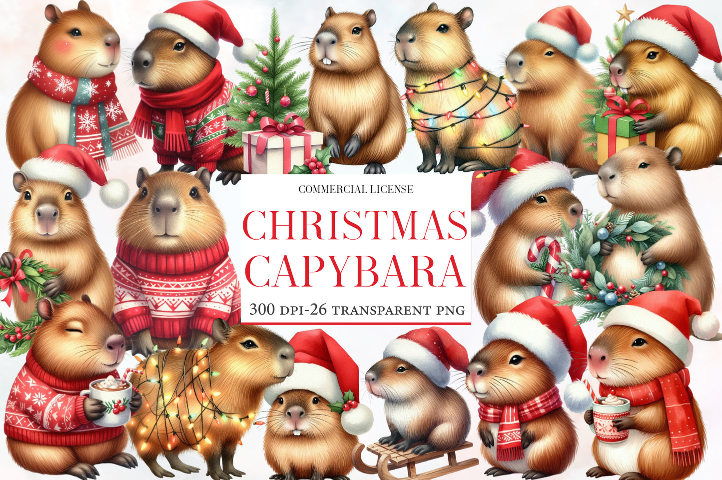 Christmas Capybara Clipart PNG Bundle | Watercolor Cute Christmas Capybara Clipart | Holiday Capybara Sublimation PNG