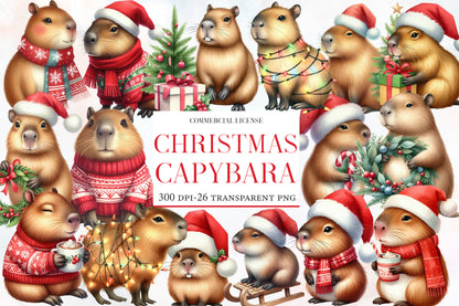 Christmas Capybara Clipart PNG Bundle | Watercolor Cute Christmas Capybara Clipart | Holiday Capybara Sublimation PNG