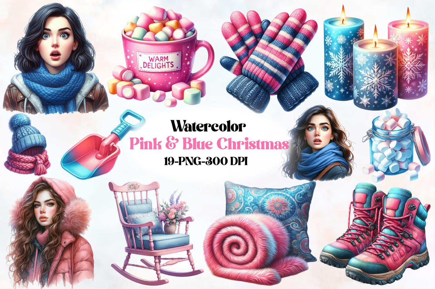 Pink & Blue Christmas Clipart PNG Bundle | Cute Pastel Santa, Ornaments, Gifts & Holiday Designs | 20 PNG