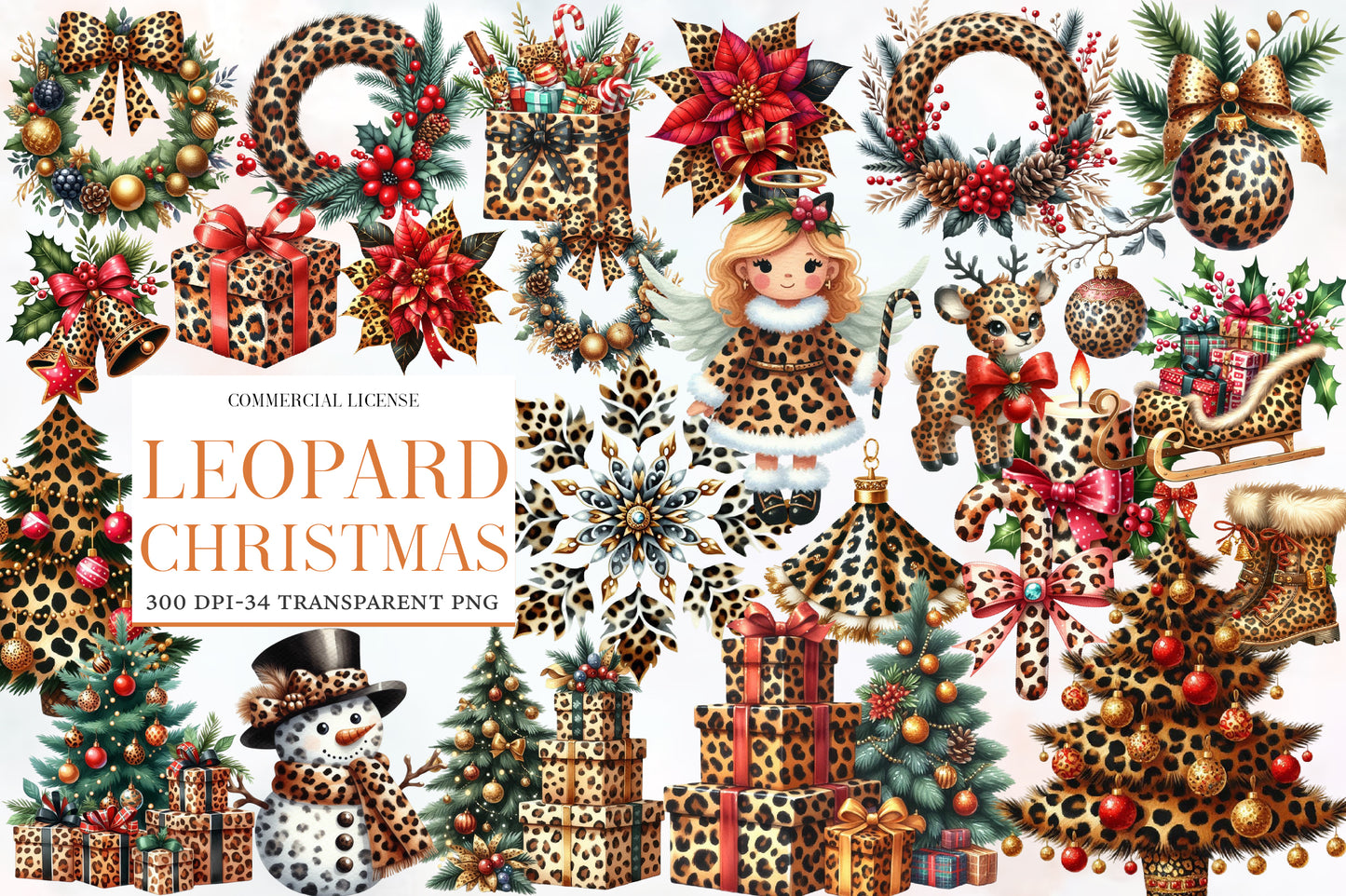 Leopard Christmas Watercolor Clipart PNG Bundle | Leopard Print Christmas Clipart | Wild Animal Print Holiday Sublimation PNG