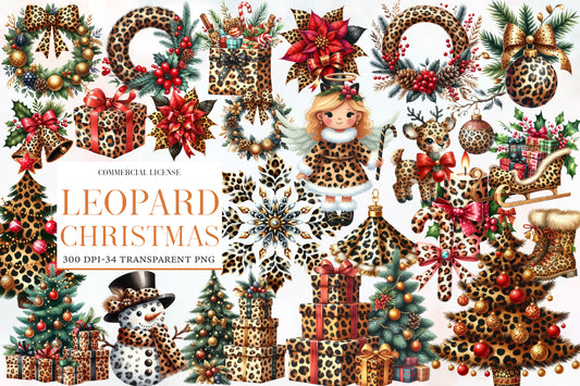 Leopard Christmas Watercolor Clipart PNG Bundle | Leopard Print Christmas Clipart | Wild Animal Print Holiday Sublimation PNG