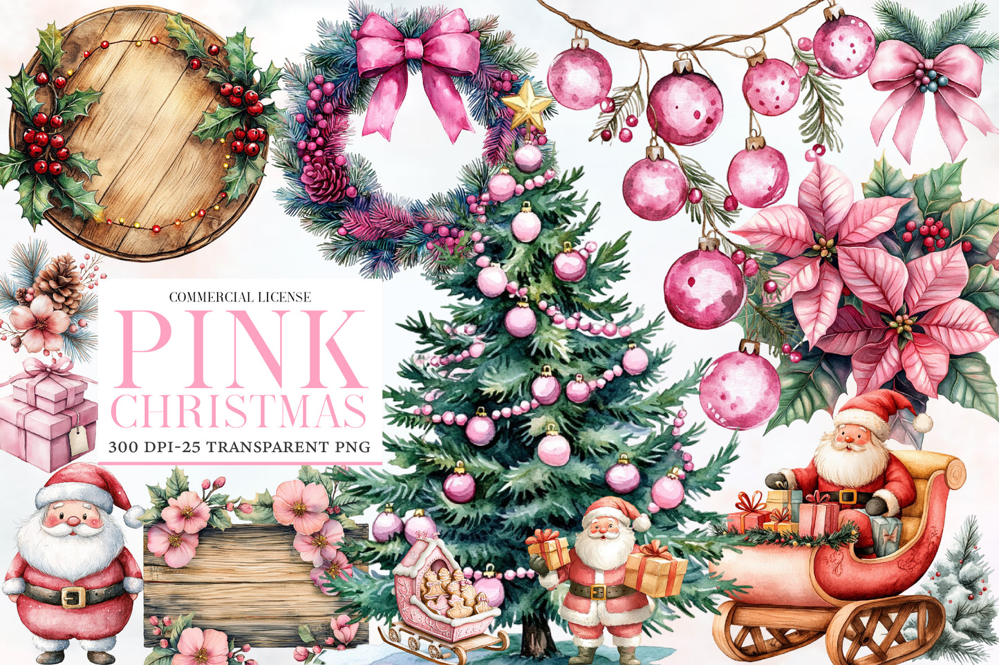 Pink Christmas Watercolor Clipart PNG Bundle | Pink Christmas Tree PNG | Pink Santa Holiday Sublimation
