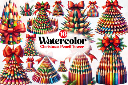 Watercolor Christmas Pencil Tree Clipart PNG Bundle | Colorful Pencil Christmas Trees