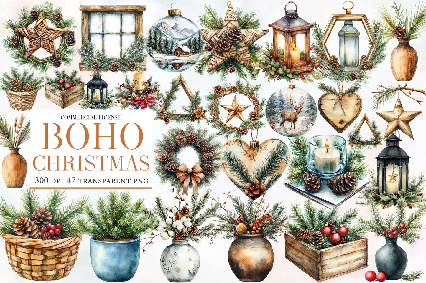 Boho Christmas Clipart PNG Bundle | Neutral Watercolor Christmas Clipart | Rustic Bohemian Holiday PNG