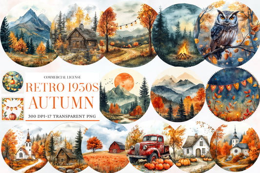 Retro 1930s Autumn Watercolor Clipart PNG Bundle | Vintage Fall Landscape PNG | Autumn Sublimation