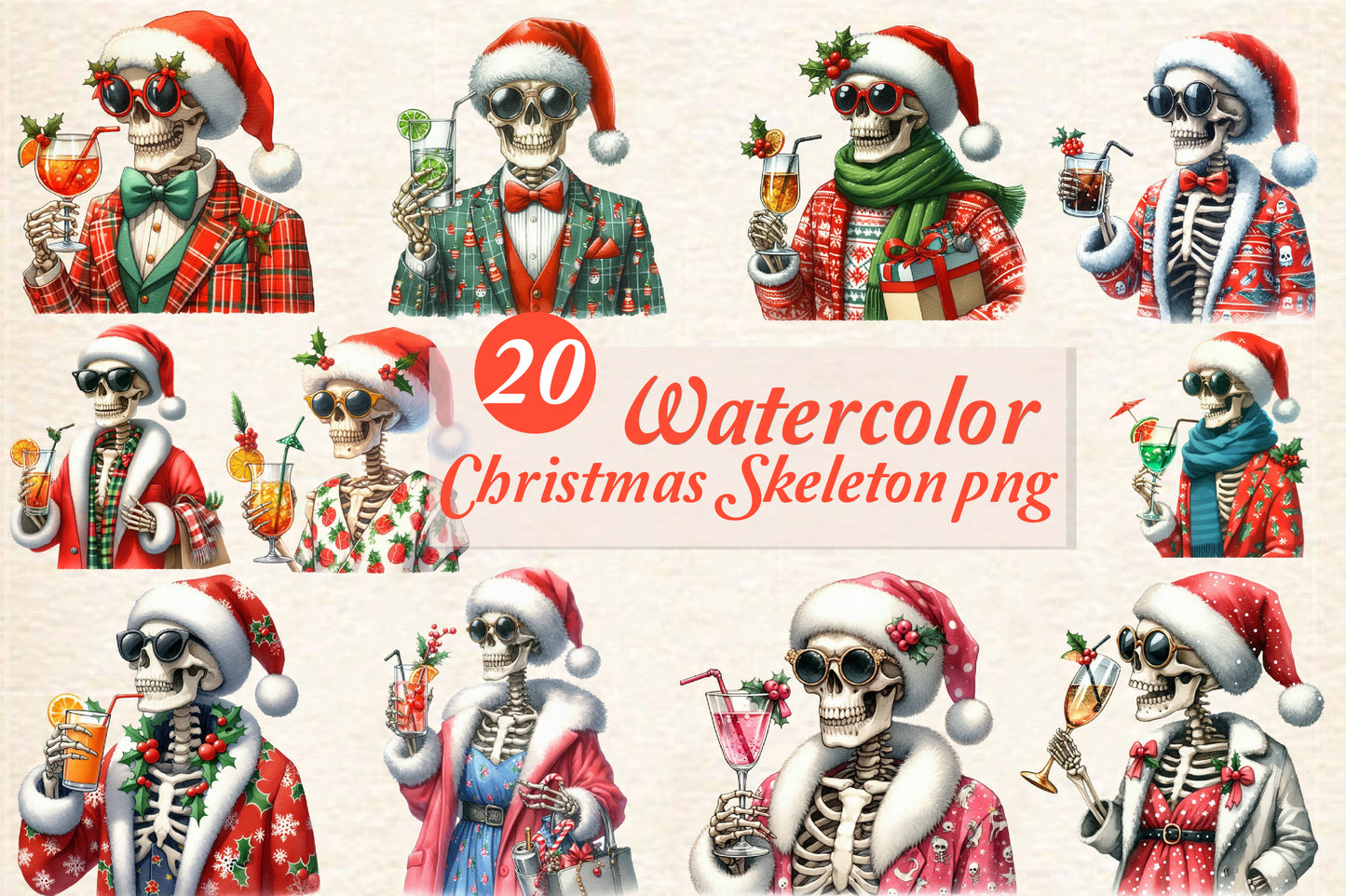 20 Watercolor Christmas Skeleton PNG Merry Christmas Skeleton Clipart