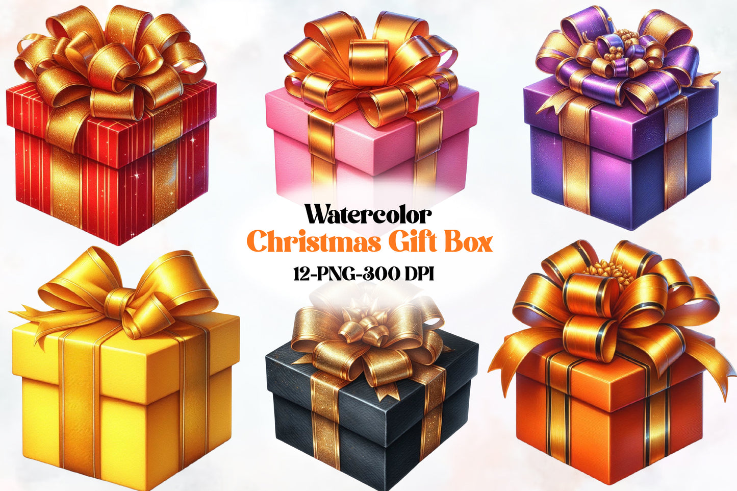 12 Christmas Gift Box PNG Clipart Bundle Watercolor Gold Ribbon Holiday Present