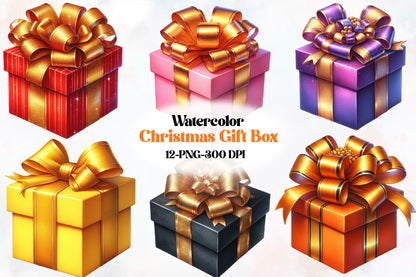 12 Christmas Gift Box PNG Clipart Bundle Watercolor Gold Ribbon Holiday Present