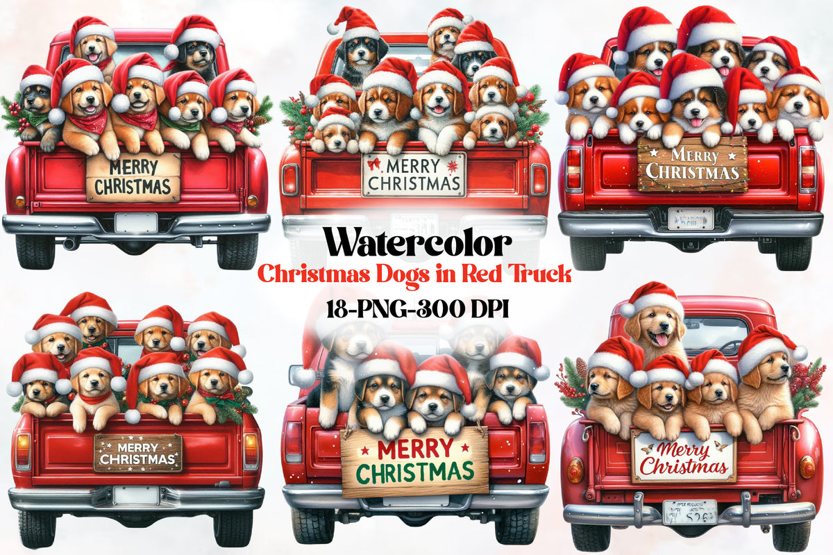 18 Christmas Dogs in Red Truck PNG Clipart Bundle Watercolor Cute Holiday