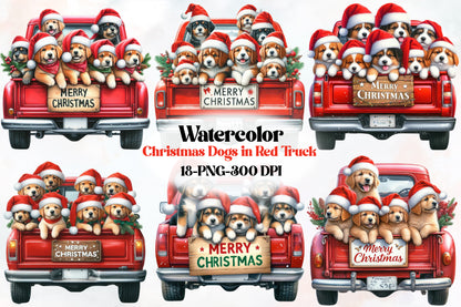 18 Christmas Dogs in Red Truck PNG Clipart Bundle Watercolor Cute Holiday