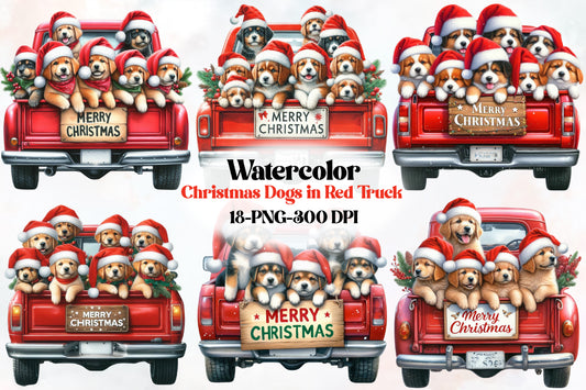 18 Christmas Dogs in Red Truck PNG Clipart Bundle Watercolor Cute Holiday