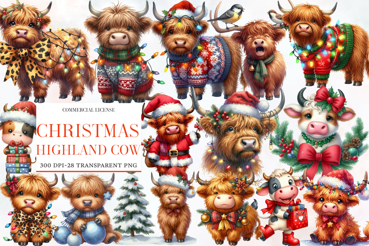 Christmas Highland Cow Clipart Bundle PNG | Watercolor Cute Highland Cow Christmas Clipart | Farmhouse Holiday Sublimation PNG